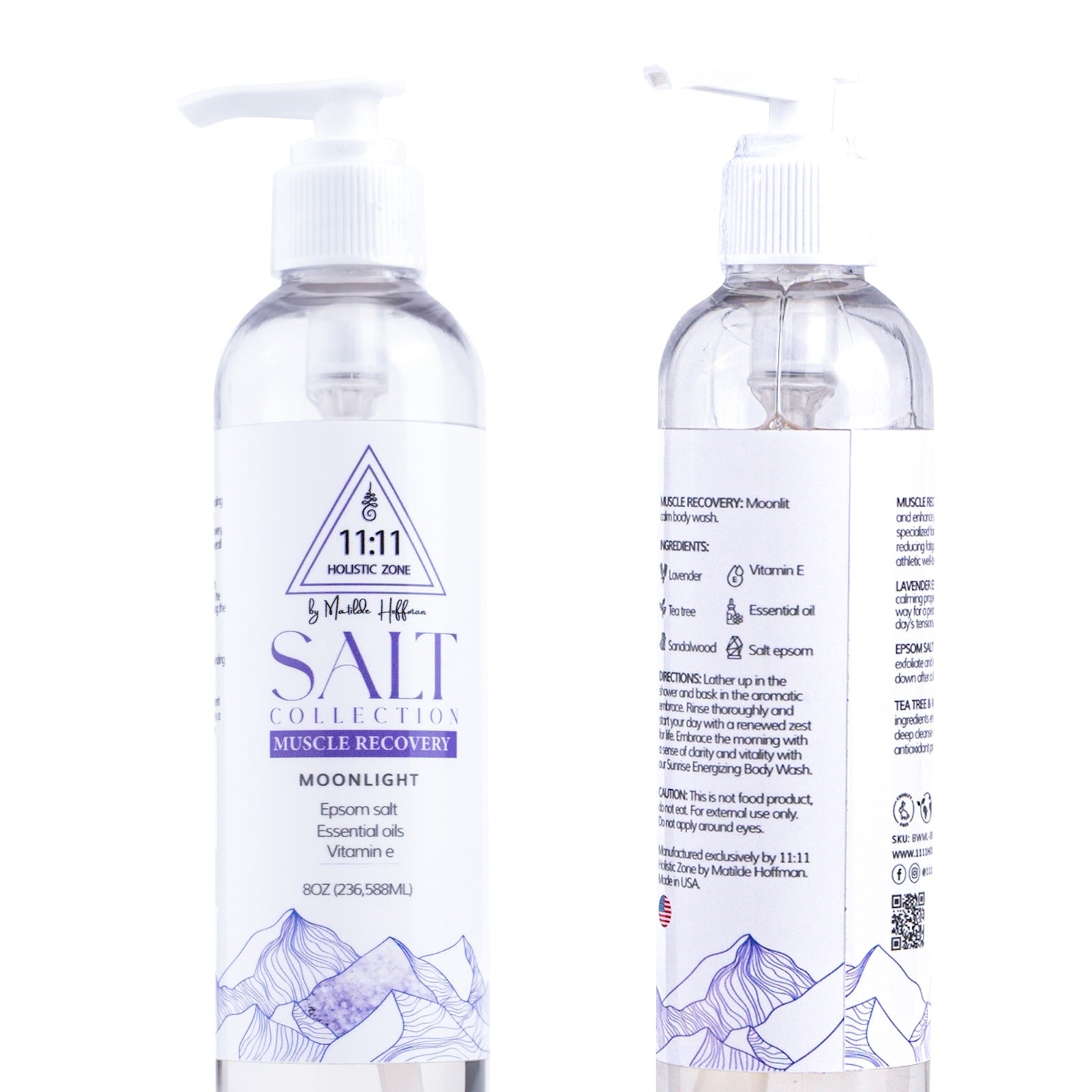 1111 Holistic Zone Body and Hands Wash Liquid Soap Moonlight Pure Epson Magnesium Salt Muscle Recovery Vitamin E Lavander and Tea tree Essential Oils